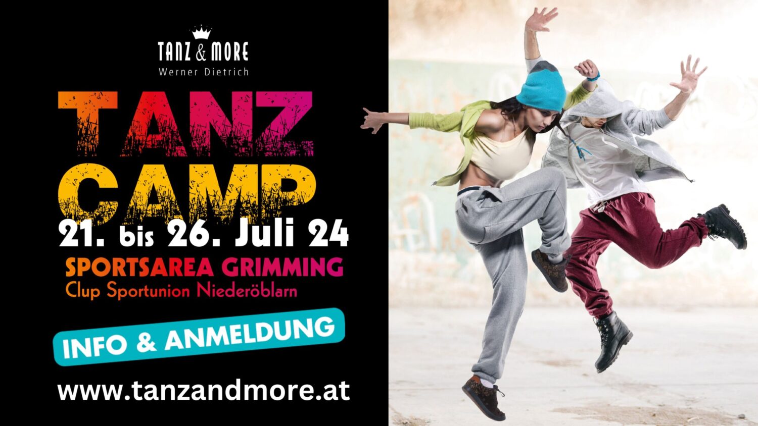 Info & Anmeldebanner Tanzcamp 21. bis 26. Juli 24 in Niederöblarn; im Bild 2 jugendliche Tänzer